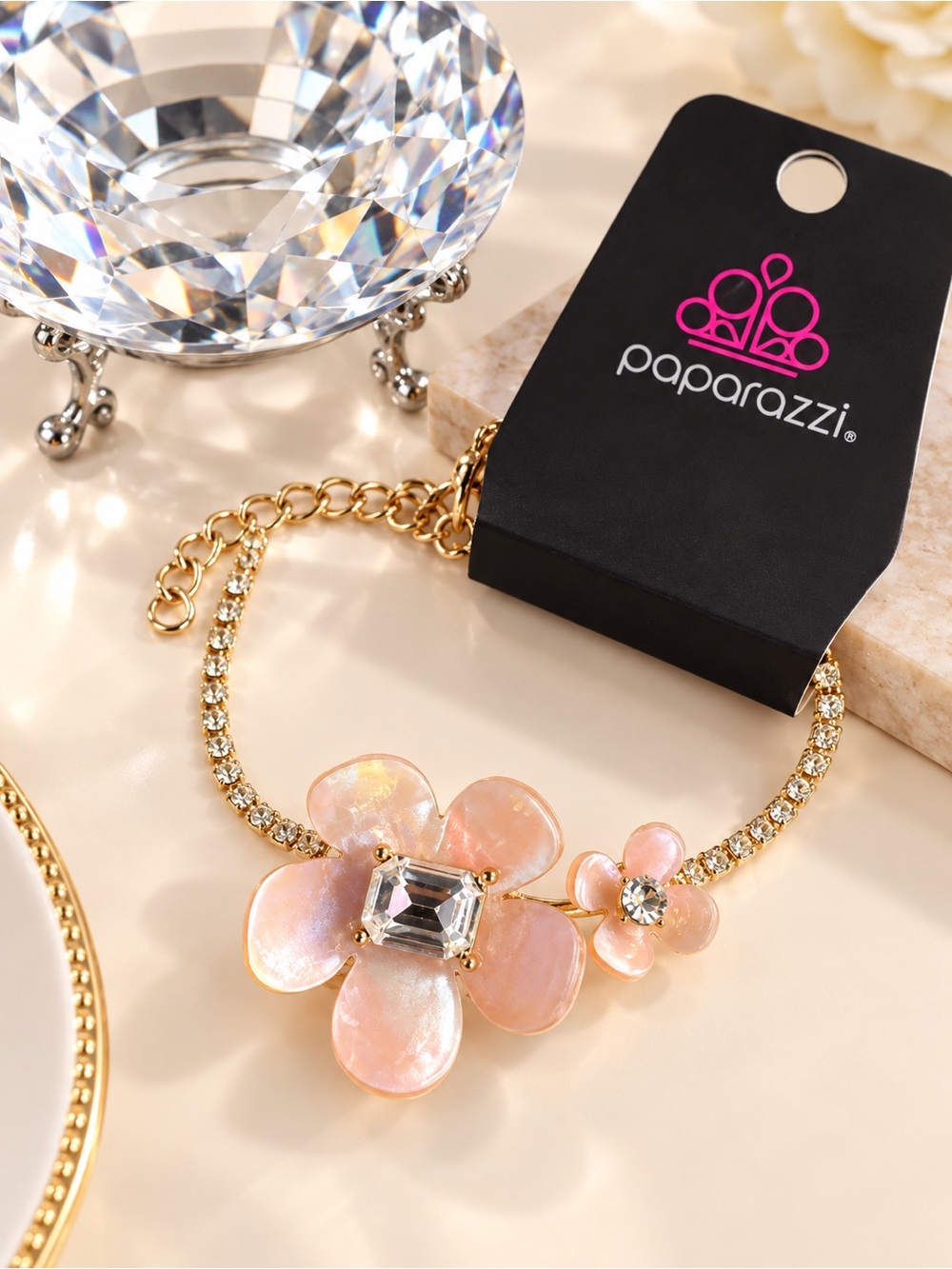 paparazzi Gold Pink Floral Iridescent Crystal Bracelet